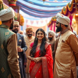 A vibrant scene depicting an Indian lady in traditional attire, gracefully interacting with a group of Muslim men dressed in elegant kurta and sherwani outfits