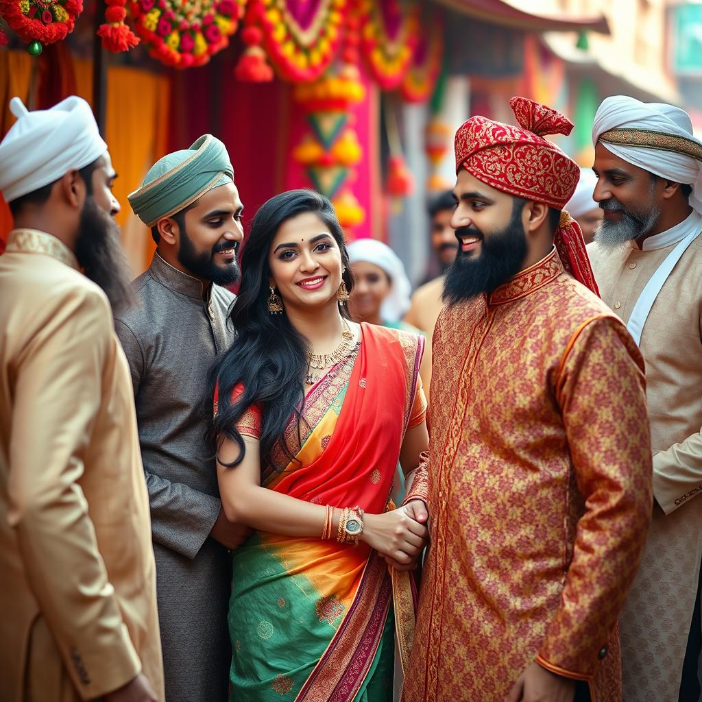 A vibrant scene depicting an Indian lady in traditional attire, gracefully interacting with a group of Muslim men dressed in elegant kurta and sherwani outfits