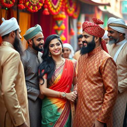 A vibrant scene depicting an Indian lady in traditional attire, gracefully interacting with a group of Muslim men dressed in elegant kurta and sherwani outfits