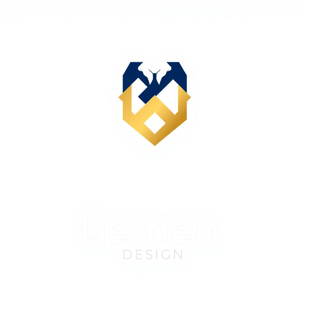 A unique and modern design brand logo, featuring a minimalist style with bold geometric shapes and an elegant color palette of navy blue, gold, and white