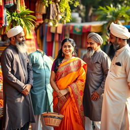 An Indian woman wearing a colorful traditional sari, standing confidently among a group of Muslim men dressed in elegant kurta-pajamas and sherwanis, showcasing a mix of cultural attire