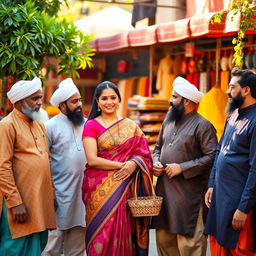 An Indian woman wearing a colorful traditional sari, standing confidently among a group of Muslim men dressed in elegant kurta-pajamas and sherwanis, showcasing a mix of cultural attire