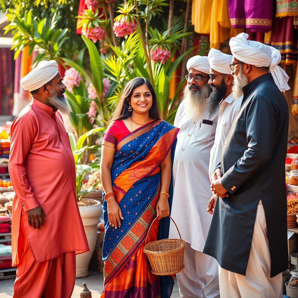 An Indian woman wearing a colorful traditional sari, standing confidently among a group of Muslim men dressed in elegant kurta-pajamas and sherwanis, showcasing a mix of cultural attire