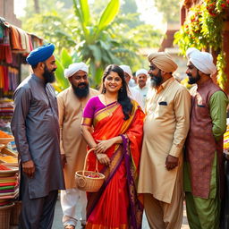 An Indian woman wearing a colorful traditional sari, standing confidently among a group of Muslim men dressed in elegant kurta-pajamas and sherwanis, showcasing a mix of cultural attire