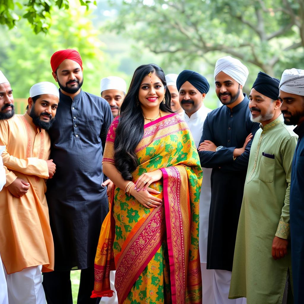 An Indian lady wearing a colorful traditional saree with intricate patterns, standing gracefully among a group of Muslim men dressed in elegant kurta pajamas