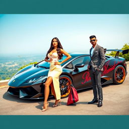 A stylish couple posing confidently beside an impressive sports car