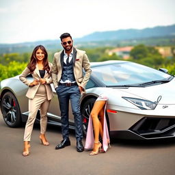 A stylish couple posing confidently beside an impressive sports car