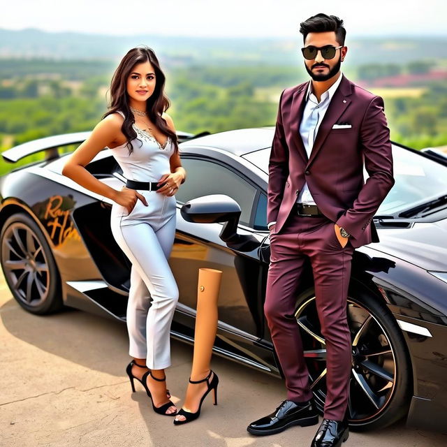 A stylish couple posing confidently beside an impressive sports car