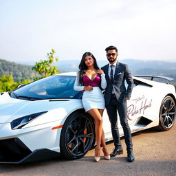 A stylish couple posing confidently beside an impressive sports car