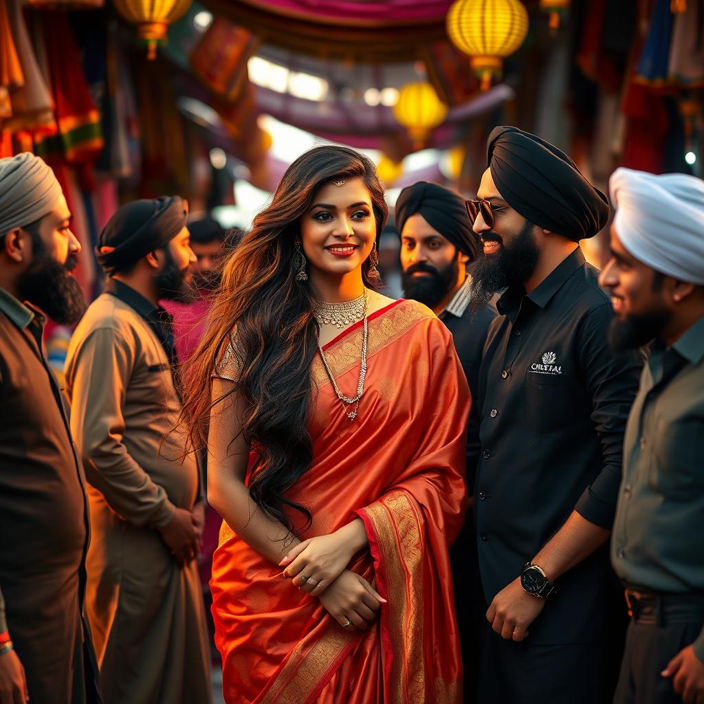 A captivating Indian woman with long, flowing hair and wearing a stunning traditional saree, exuding elegance and beauty