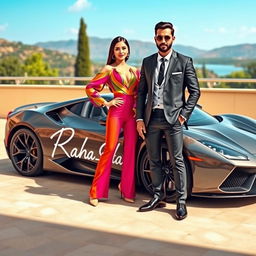 A fashionable couple posing confidently beside an extraordinary sports car