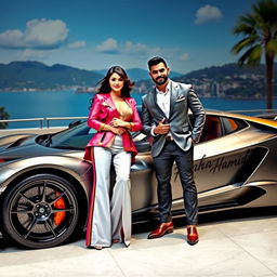 A fashionable couple posing confidently beside an extraordinary sports car