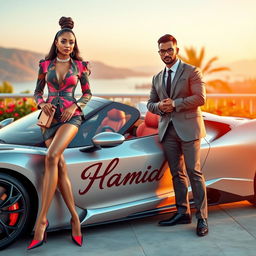 A fashionable couple posing confidently beside an extraordinary sports car