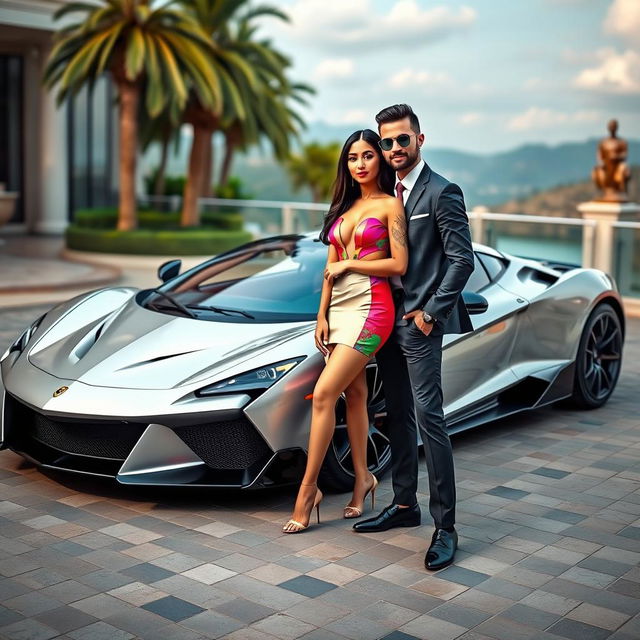 A fashionable couple posing confidently beside an extraordinary sports car