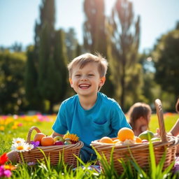 A person with Down syndrome, smiling joyfully, sitting in a sunlit park surrounded by colorful flowers and green grass