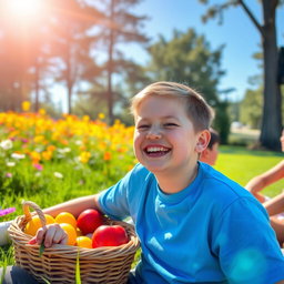 A person with Down syndrome, smiling joyfully, sitting in a sunlit park surrounded by colorful flowers and green grass