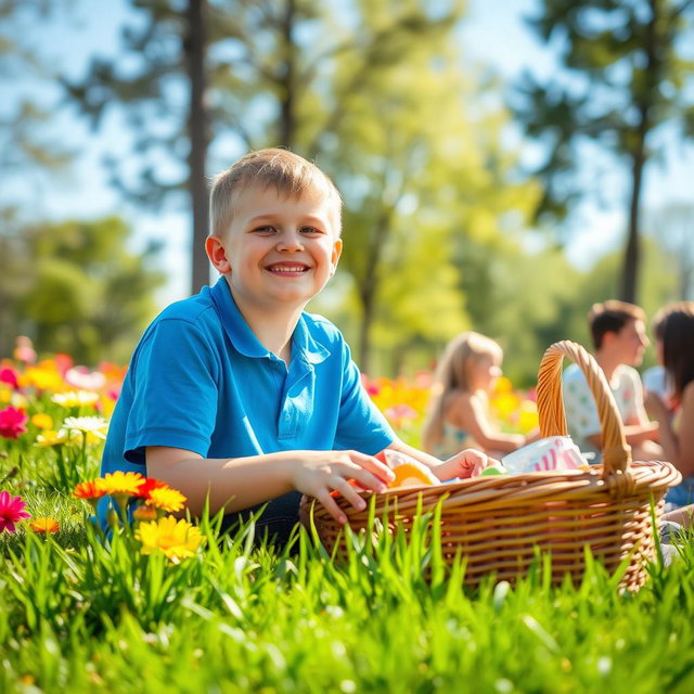 A person with Down syndrome, smiling joyfully, sitting in a sunlit park surrounded by colorful flowers and green grass