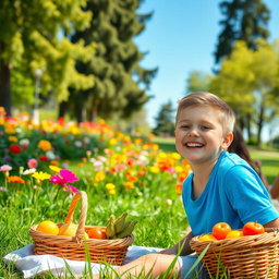 A person with Down syndrome, smiling joyfully, sitting in a sunlit park surrounded by colorful flowers and green grass
