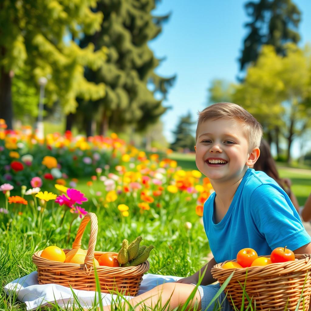 A person with Down syndrome, smiling joyfully, sitting in a sunlit park surrounded by colorful flowers and green grass