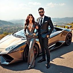 A stylish couple, reminiscent of celebrity allure, standing proudly beside an extravagant sports car
