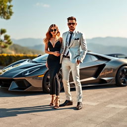 A stylish couple, reminiscent of celebrity allure, standing proudly beside an extravagant sports car