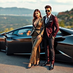 A stylish couple, reminiscent of celebrity allure, standing proudly beside an extravagant sports car