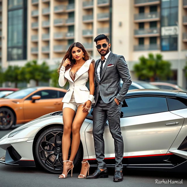 A glamorous couple resembling a high-profile celebrity pair standing next to a stunning sports car