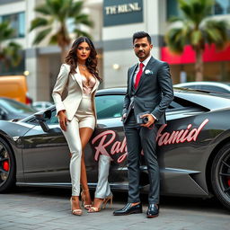 A glamorous couple resembling a high-profile celebrity pair standing next to a stunning sports car