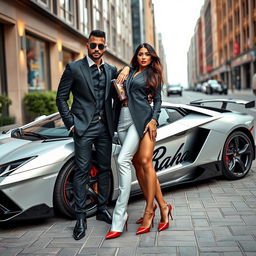 A glamorous couple resembling a high-profile celebrity pair standing next to a stunning sports car