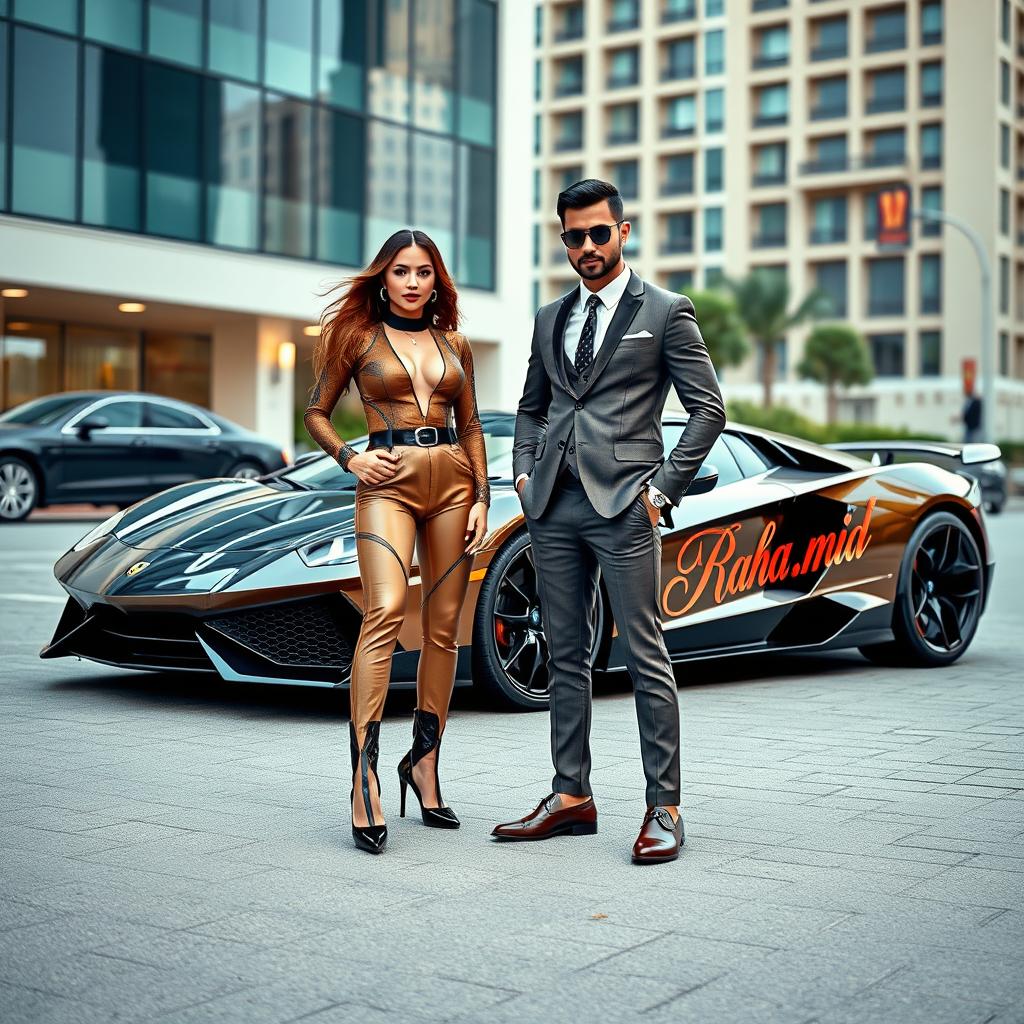A glamorous couple resembling a high-profile celebrity pair standing next to a stunning sports car