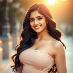 A beautifully charismatic woman resembling Ashika Ranganath, featuring long dark hair cascading in soft waves, captivating eyes with a playful glimmer, and an enchanting smile
