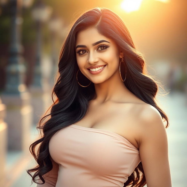 A beautifully charismatic woman resembling Ashika Ranganath, featuring long dark hair cascading in soft waves, captivating eyes with a playful glimmer, and an enchanting smile