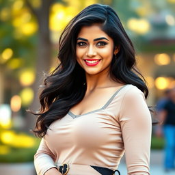 A beautifully charismatic woman resembling Ashika Ranganath, featuring long dark hair cascading in soft waves, captivating eyes with a playful glimmer, and an enchanting smile