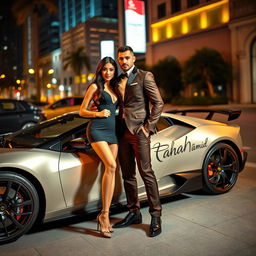A glamorous couple inspired by celebrity figures, standing next to an impressive sports car
