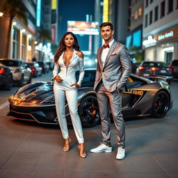 A glamorous couple inspired by Cristiano Ronaldo and Georgina Rodriguez, standing confidently next to a sleek, high-performance sports car