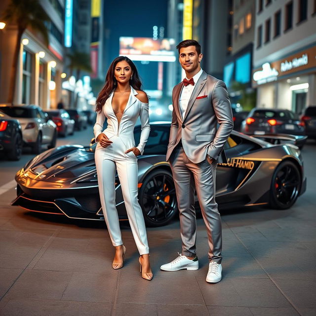 A glamorous couple inspired by Cristiano Ronaldo and Georgina Rodriguez, standing confidently next to a sleek, high-performance sports car