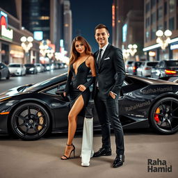 A glamorous couple inspired by Cristiano Ronaldo and Georgina Rodriguez, standing confidently next to a sleek, high-performance sports car