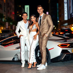 A glamorous couple inspired by Cristiano Ronaldo and Georgina Rodriguez, standing confidently next to a sleek, high-performance sports car