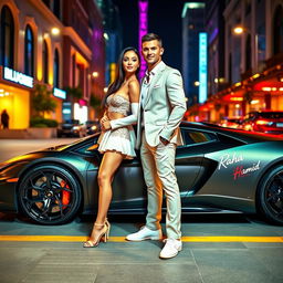A glamorous couple inspired by Cristiano Ronaldo and Georgina Rodriguez, standing confidently next to a sleek, high-performance sports car