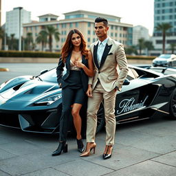 A glamorous depiction of a couple inspired by Cristiano Ronaldo and Georgina Rodriguez, standing next to a sleek and powerful sports car