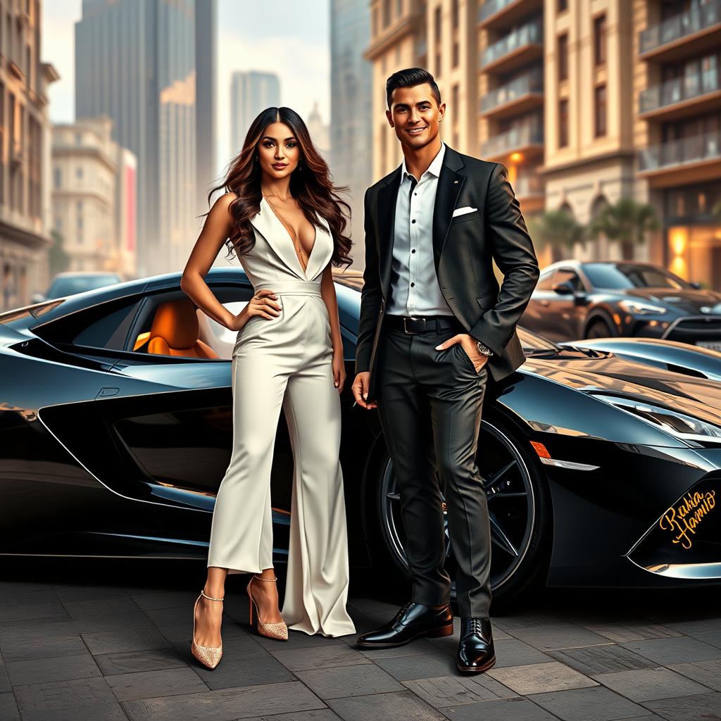 A glamorous depiction of a couple inspired by Cristiano Ronaldo and Georgina Rodriguez, standing next to a sleek and powerful sports car