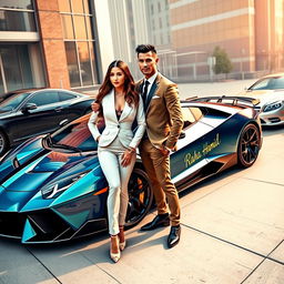 A glamorous depiction of a couple inspired by Cristiano Ronaldo and Georgina Rodriguez, standing next to a sleek and powerful sports car
