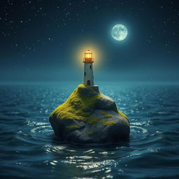 A whimsical nighttime scene depicting a very tiny lighthouse delicately positioned on an extremely tiny rock, surrounded by a vast expanse of shimmering sea and open sky