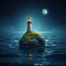 A whimsical nighttime scene depicting a very tiny lighthouse delicately positioned on an extremely tiny rock, surrounded by a vast expanse of shimmering sea and open sky