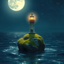 A whimsical nighttime scene depicting a very tiny lighthouse delicately positioned on an extremely tiny rock, surrounded by a vast expanse of shimmering sea and open sky