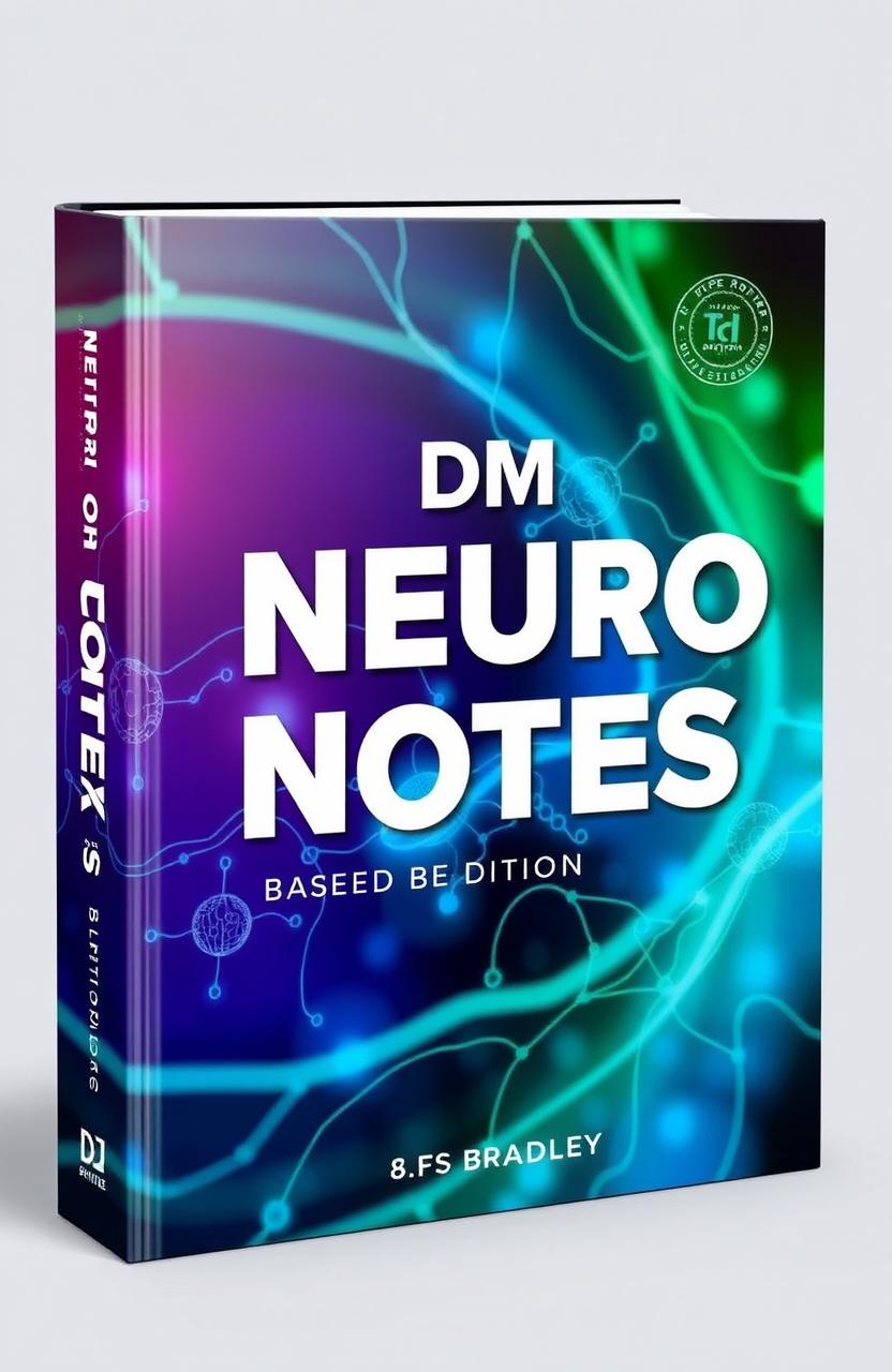 A 3D book cover design for 'DM NEURO NOTES' based on the 8th edition by Bradley