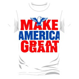 A stylish white t-shirt design featuring a bold, eye-catching print that reads 'Make America Great Again' in large, vibrant red and blue letters