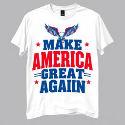A stylish white t-shirt design featuring a bold, eye-catching print that reads 'Make America Great Again' in large, vibrant red and blue letters