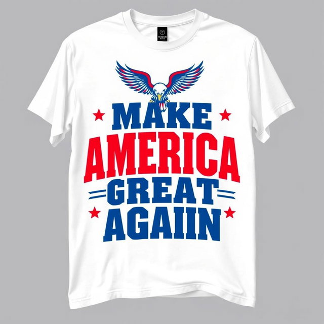 A stylish white t-shirt design featuring a bold, eye-catching print that reads 'Make America Great Again' in large, vibrant red and blue letters