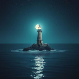 A serene nighttime scene featuring a small lighthouse standing tall, its beam illuminating the surroundings, set against a backdrop where the small rock it stands on is partially submerged in the tranquil sea